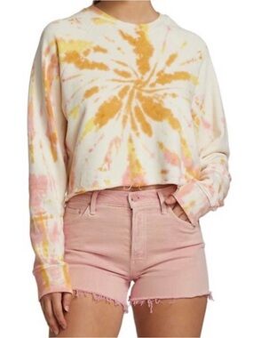 Mother The Loafer Crop Fray Tie Dye Sweatshirt in Coral Haze Lemon Size Small